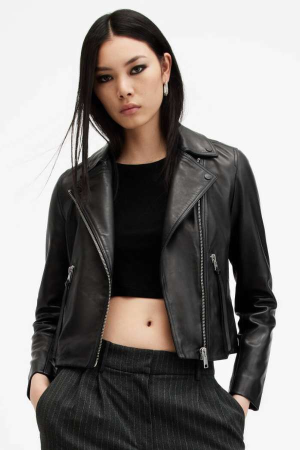 Elora Cropped Slim Leather Biker Jacket
