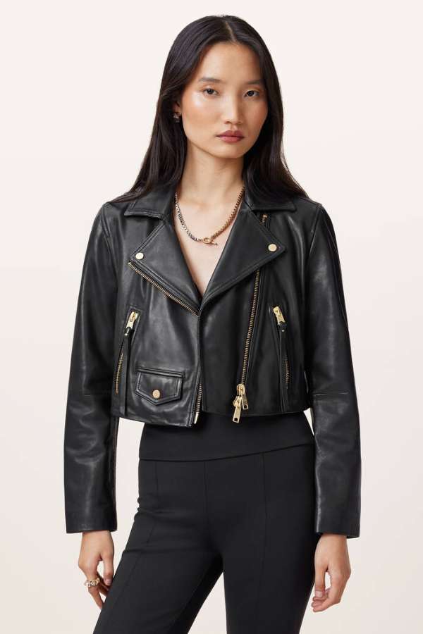 Elora Cropped Slim Leather Biker Jacket