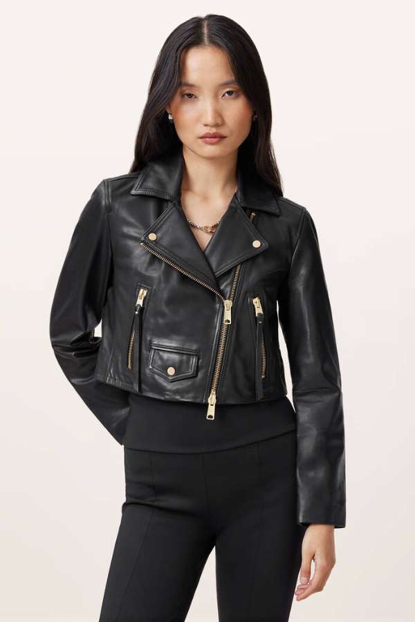 Elora Cropped Slim Leather Biker Jacket