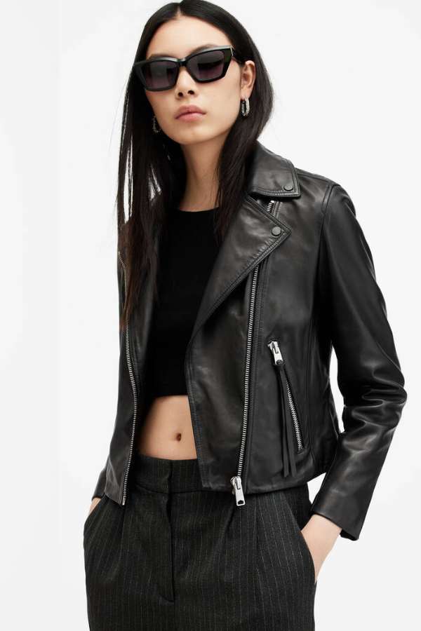 Elora Cropped Slim Leather Biker Jacket