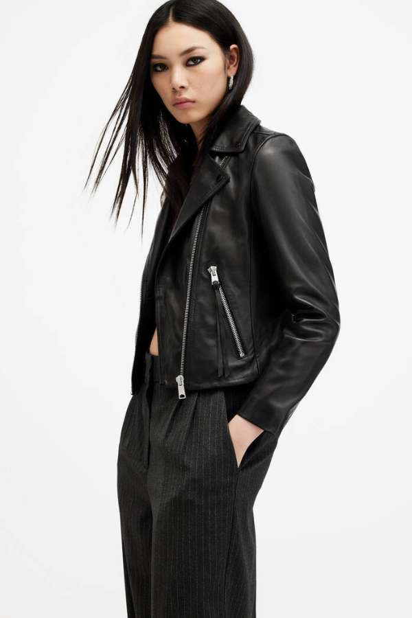 Elora Cropped Slim Leather Biker Jacket