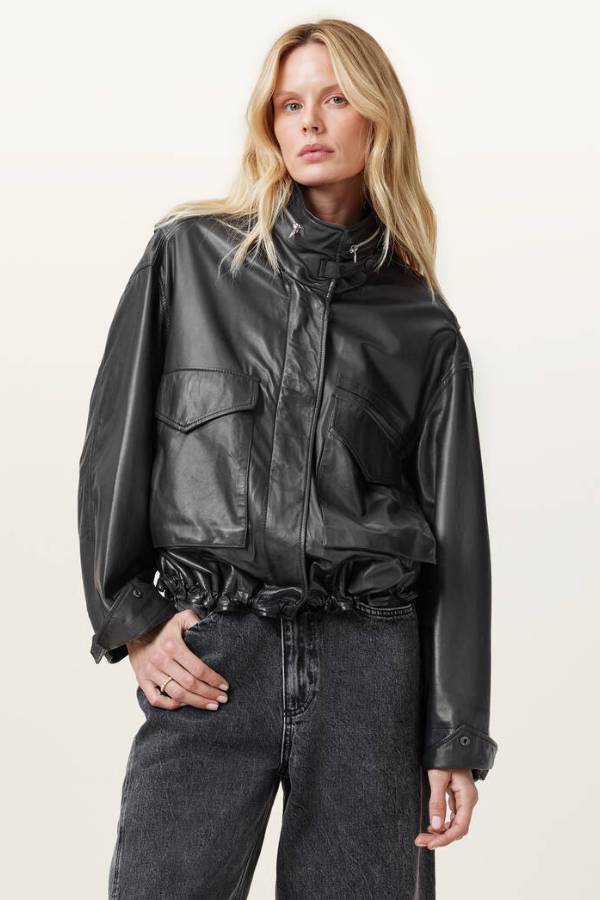 Clay Funnel Neck Cropped Leather Jacket