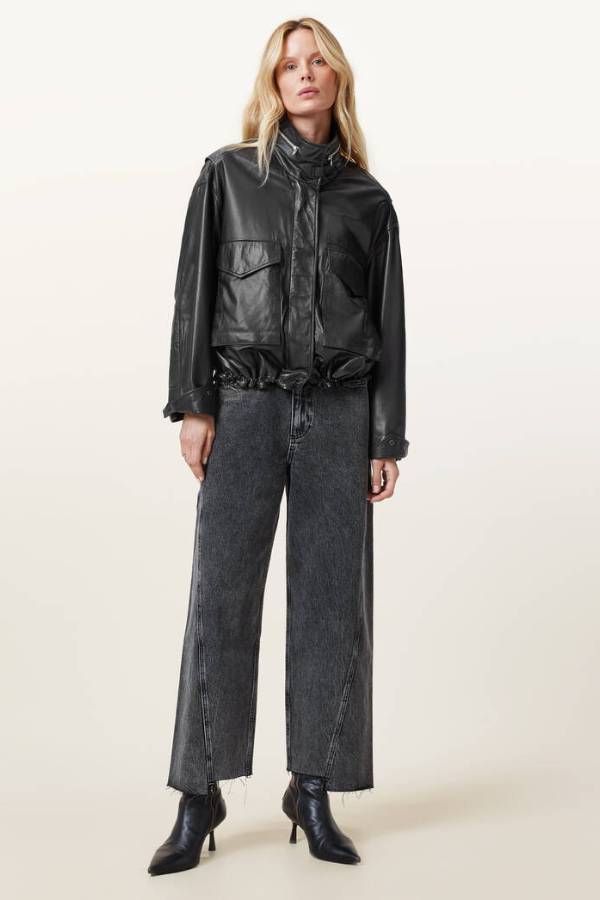 Clay Funnel Neck Cropped Leather Jacket
